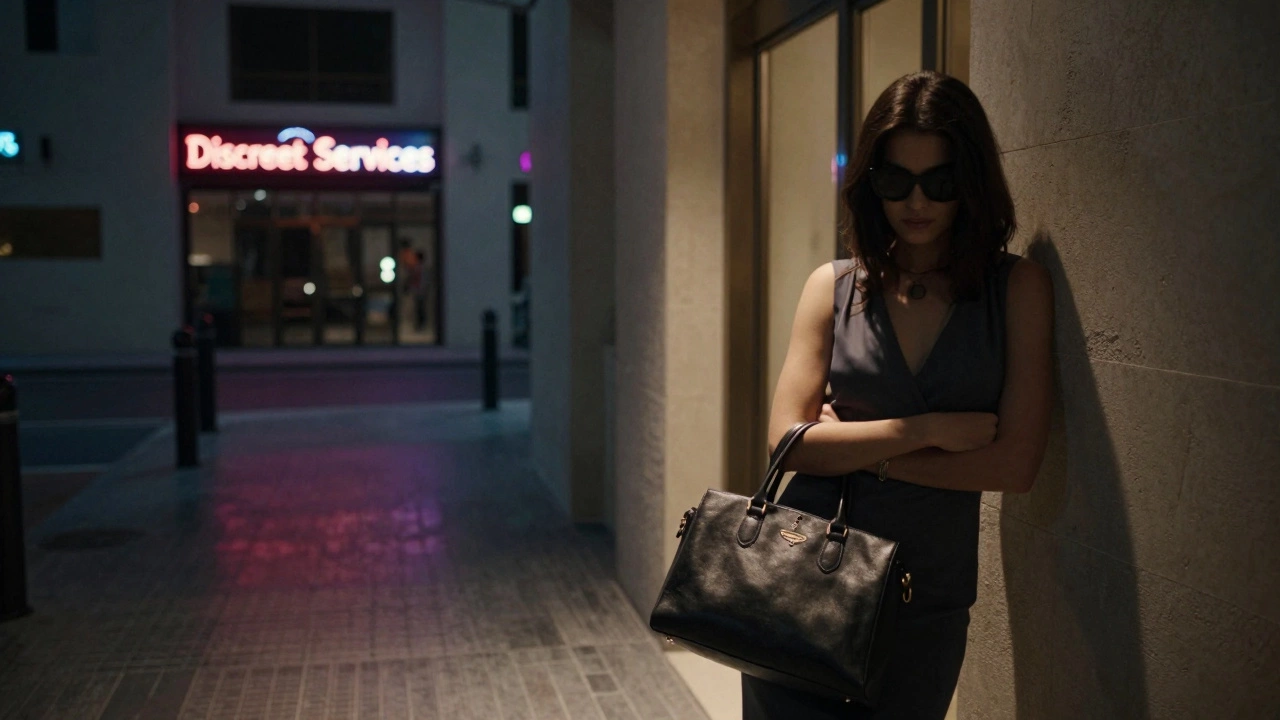 A woman hesitating in a shadowy Dubai alley near a hotel, wearing sunglasses and clutching her bag.