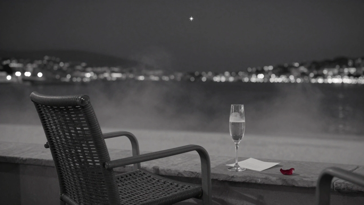 An empty chair at a rooftop lounge in Cannes with a champagne glass and folded note, stars above and fog rolling in.