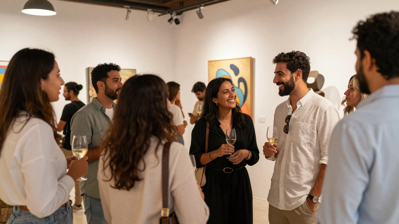 Diverse expats socializing at an art gallery opening in Dubai, laughing and holding wine glasses.